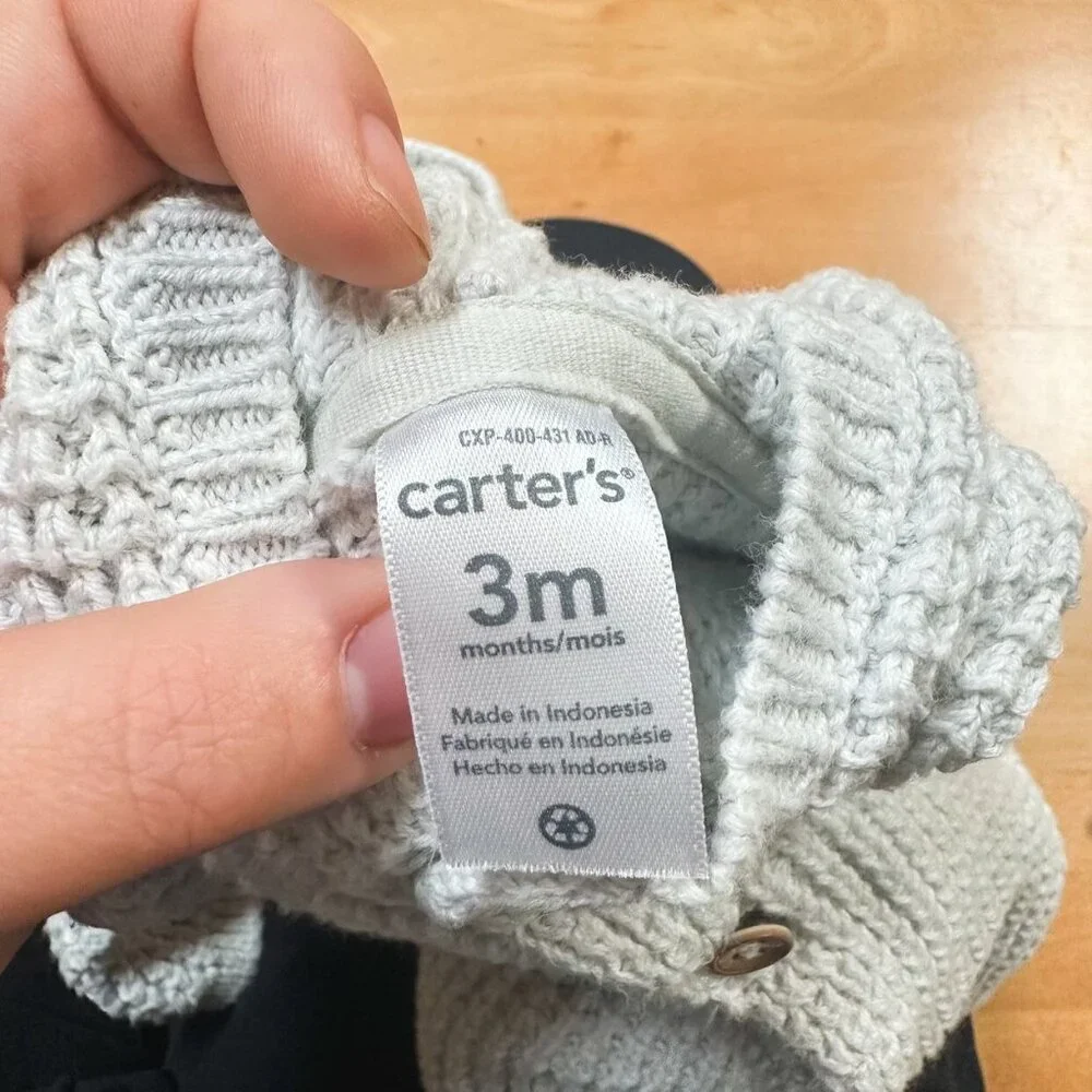 Carters Gray Knit Button Closure Hooded Bear Sweater Unisex Baby Size 3M